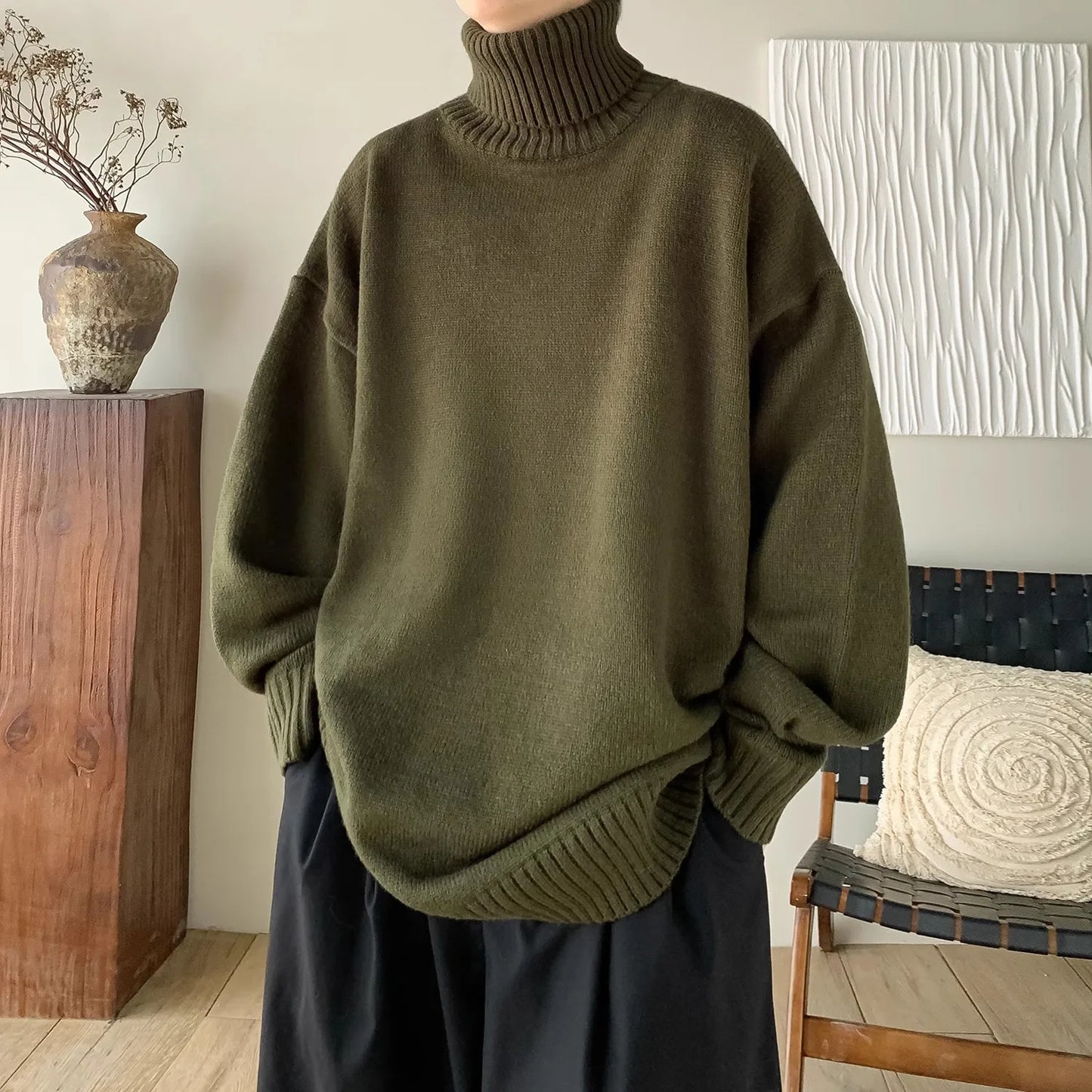 Men's Loose Turtleneck Knit Pullover Warm Knitted Sweater