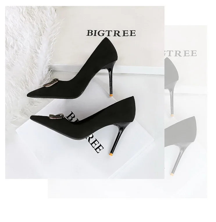 Women's Metal Buckle Decoration Pumps Suede High Heels Stilettos Heels Shoes