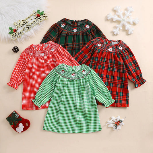 Christmas Santa Embroidery Plaid A-Line Dress - Girls Long Sleeve Festive Dress