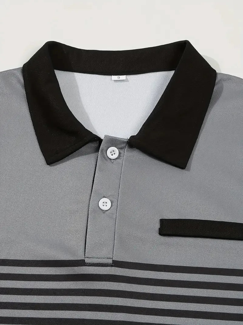 Men's Summer Polo Patchwork Short Sleeve Smart Casual Striped Turn Down Collar Shirt