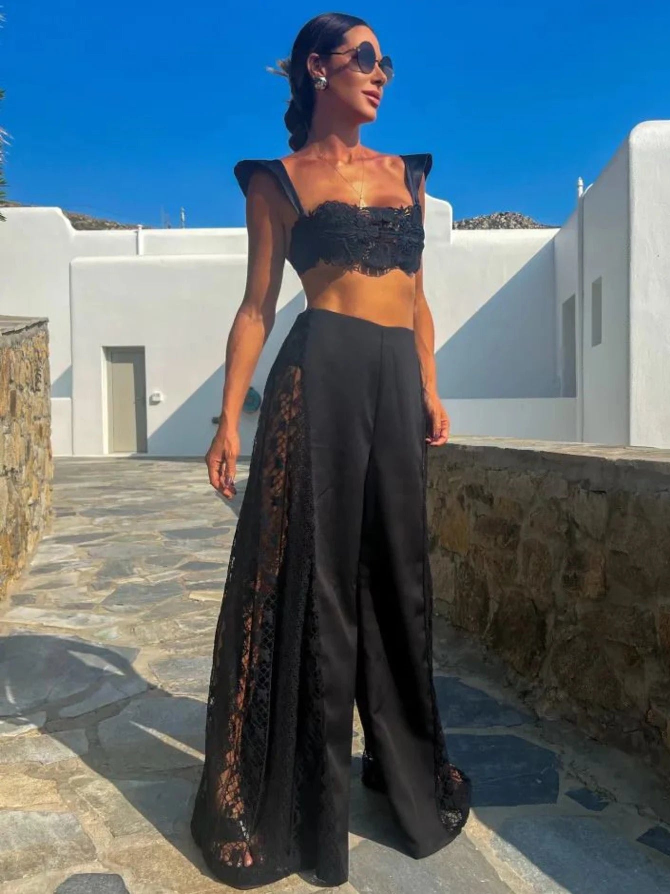 Women's Strapless Tie-Flower Crop Top & High Waist Wide Leg Trousers Set