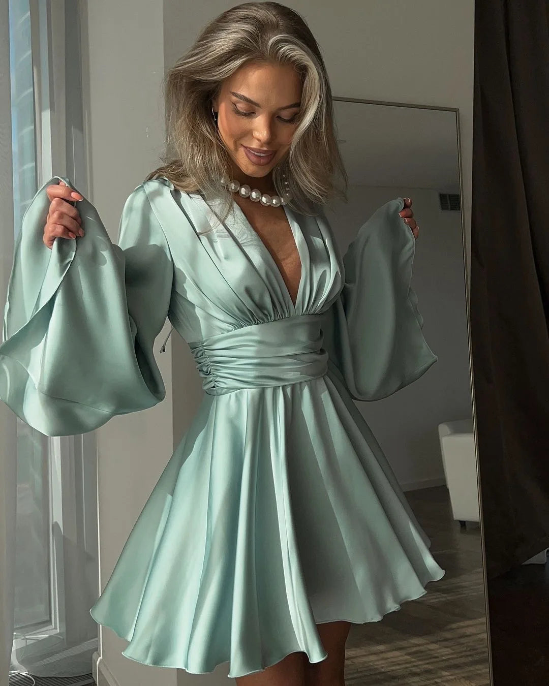 Women's Satin Flare Long Sleeve Dress - Deep V Neck Solid Colour High Waist Dress