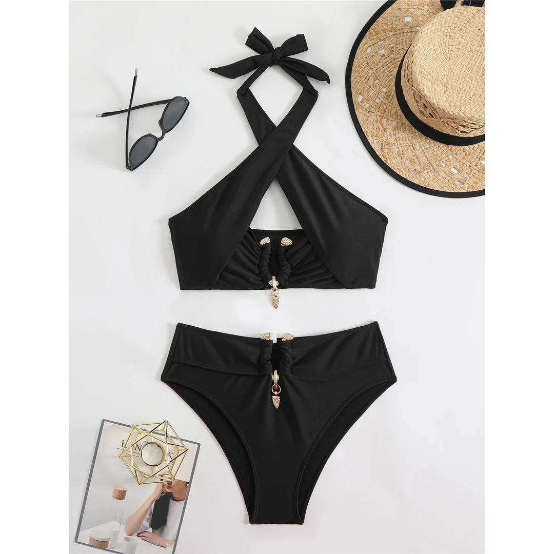 Women's Halter Cut Out High Waist Bikini Swimsuit Swimwear Two-pieces Bikini set
