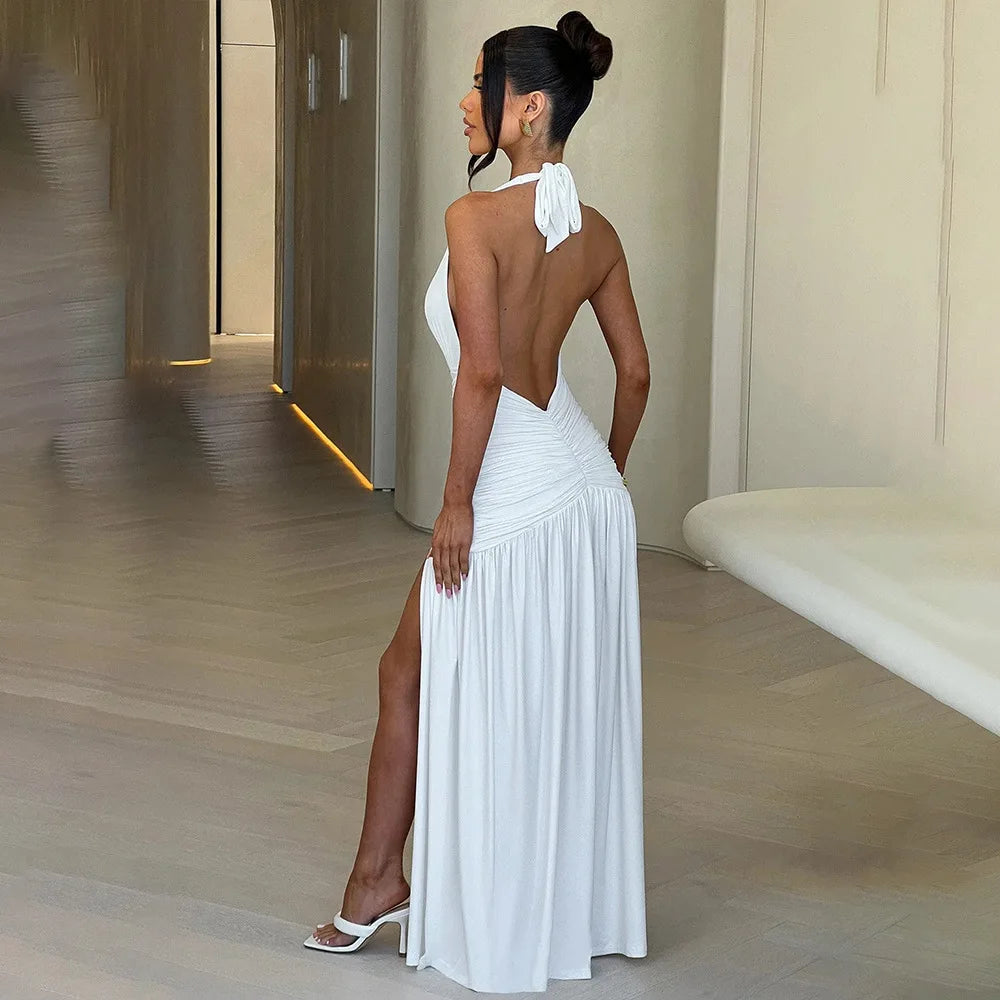 Women's Halter Split Ruched Maxi Dress - Backless Deep V Neck Long Dress