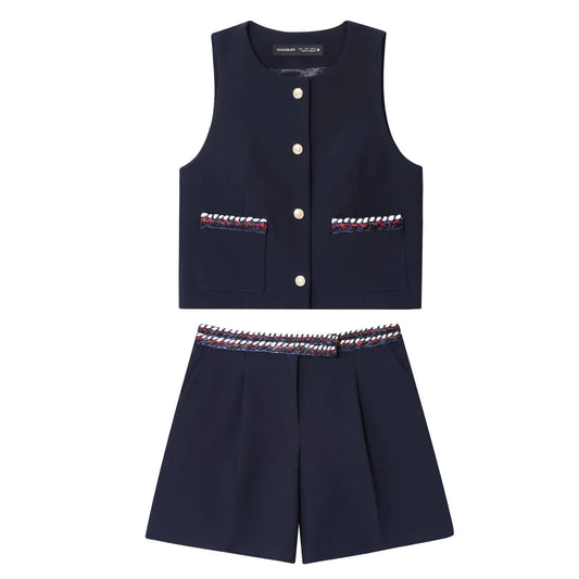 Fancy Trimmed Vest & Casual Shorts Set - Summer Two Piece Outfit