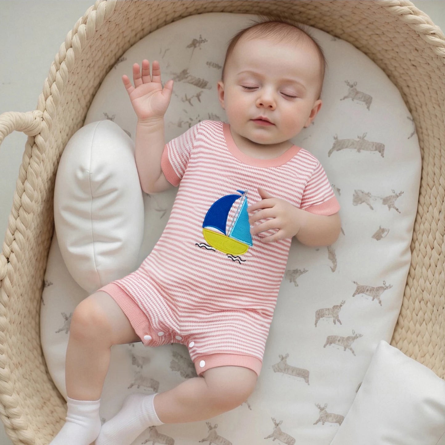 Baby Boys Girls Jumpsuits Short Sleeve Crew Neck  Embroidery Rompers Newborn Playsuit