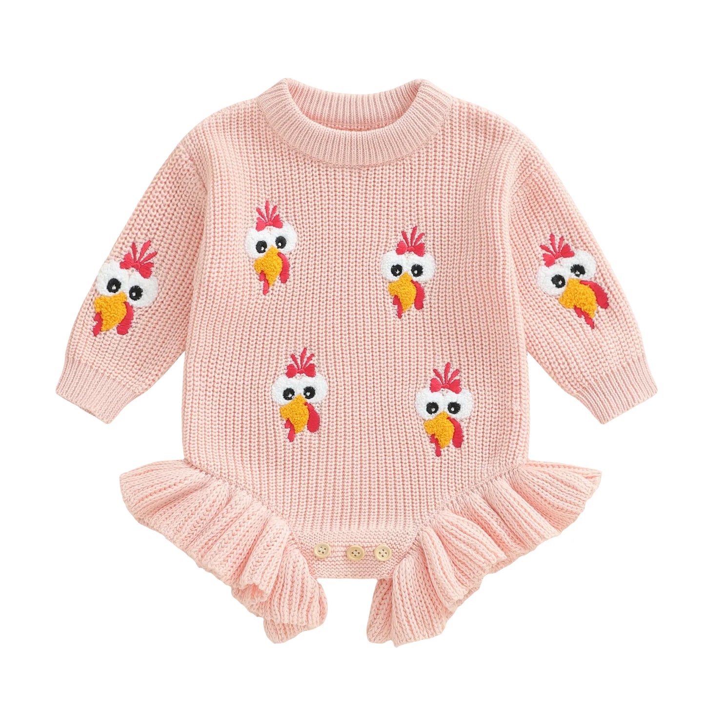 Baby Thanksgiving Knit Romper - Turkey Embroidery Long Sleeve Ruffle Bodysuit Sweater