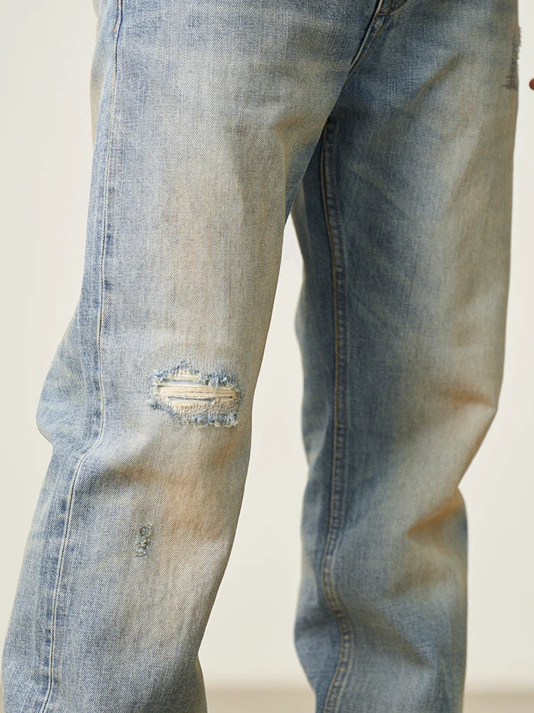 Men's Premium Selvedge Denim Jeans - 14.3oz Cotton Loose Straight Patchwork