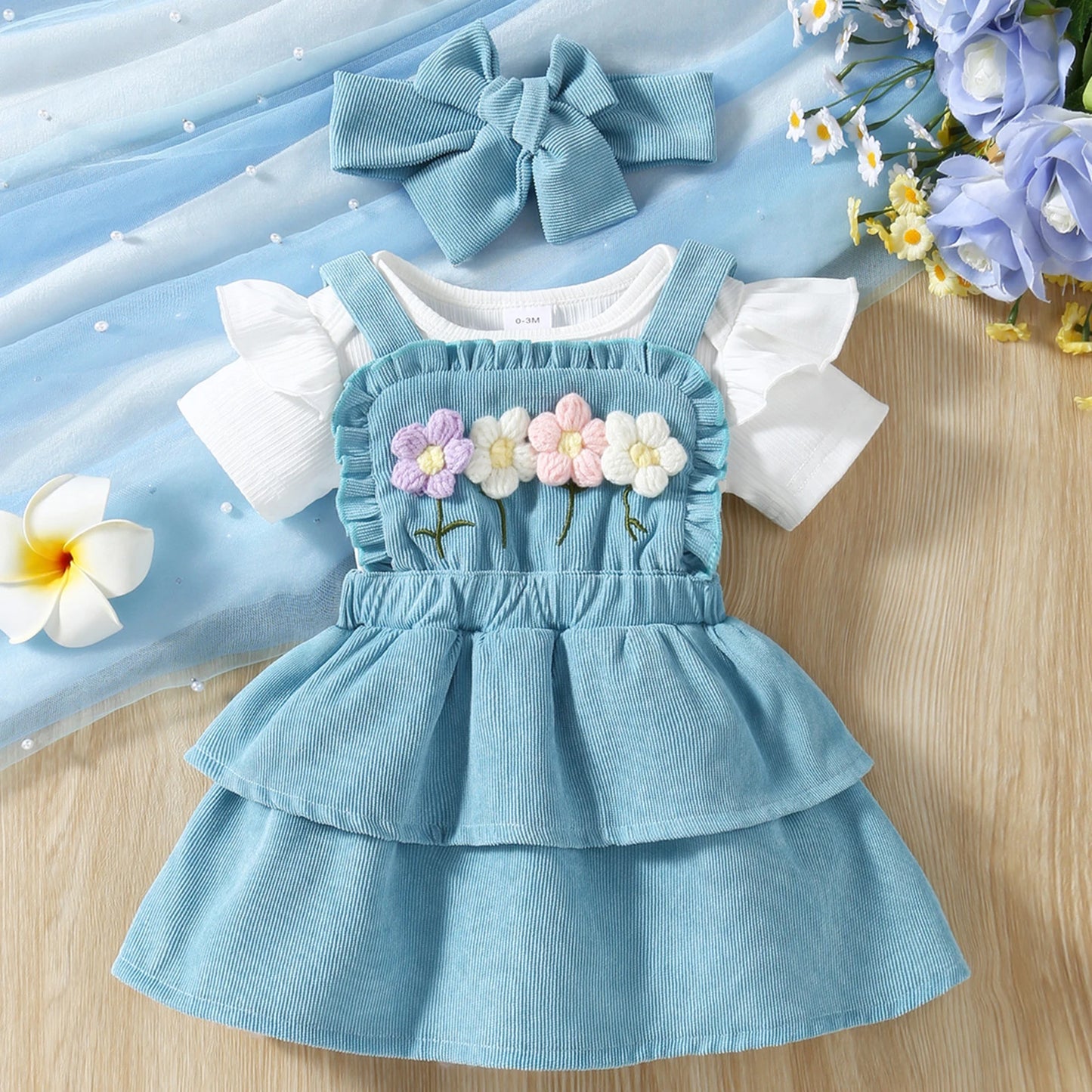 3pcs Baby Girls 0-18M Short Sleeves Ribbed Romper Crochet Flowers Suspender Skirt and Headband