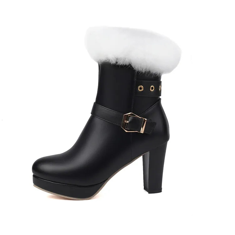 Studded Ankle Boots - 8cm High Heel with Plush Collar and Metal Belt