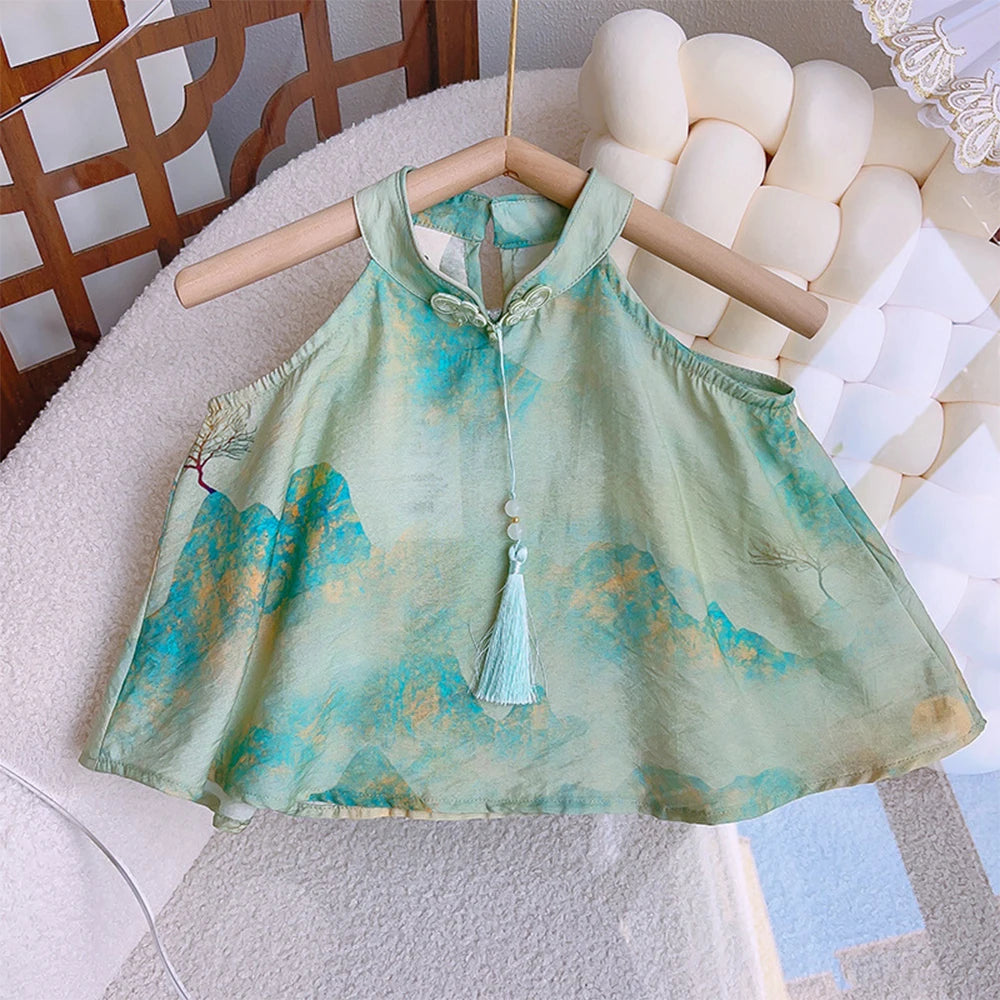 Girls' Set Summer Style Printed Standing Neck Tassel Top and Shorts Two Piece Set