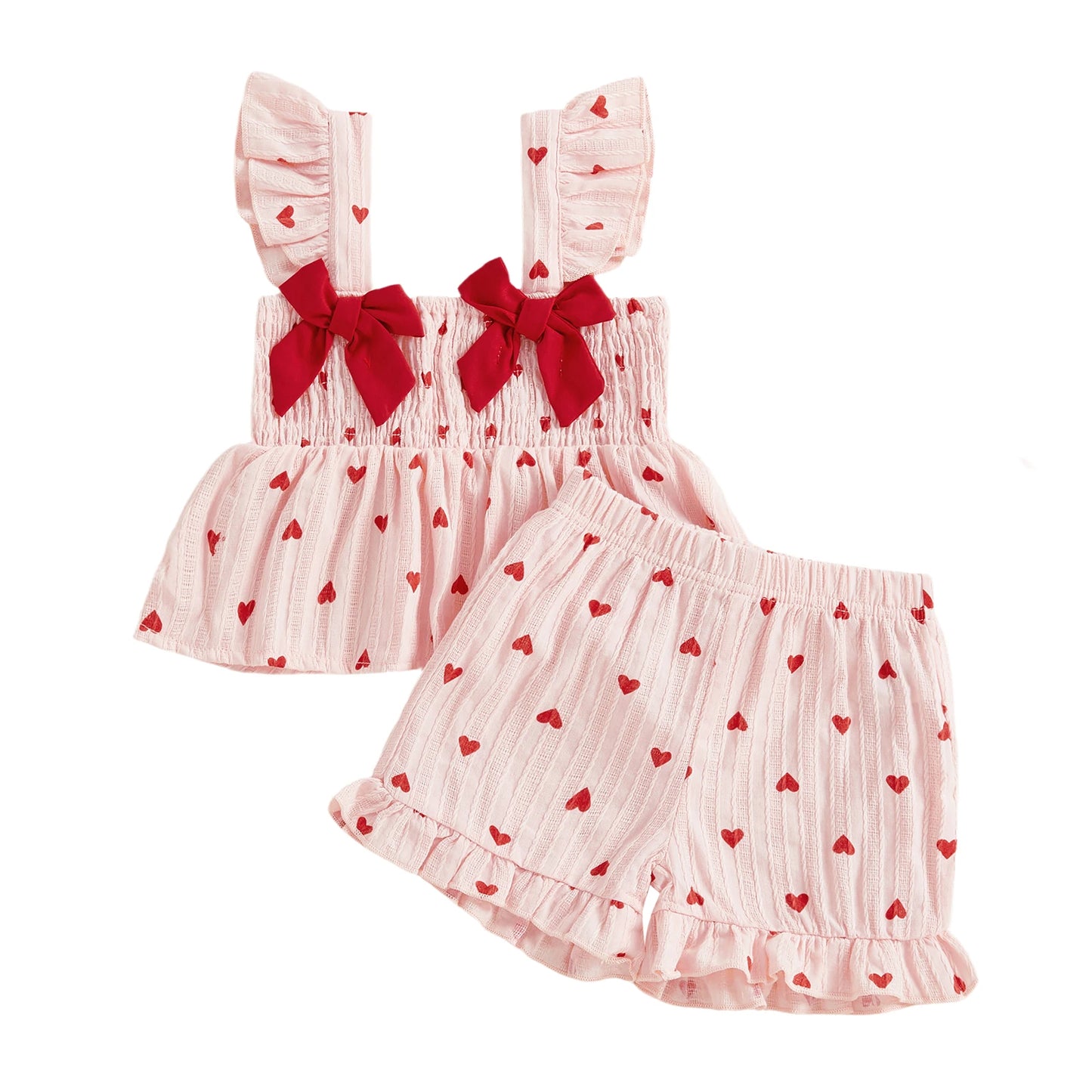 Toddler Girls Valentine's Day Ruffle Shoulder Strap Heart Print Top and Shorts Set