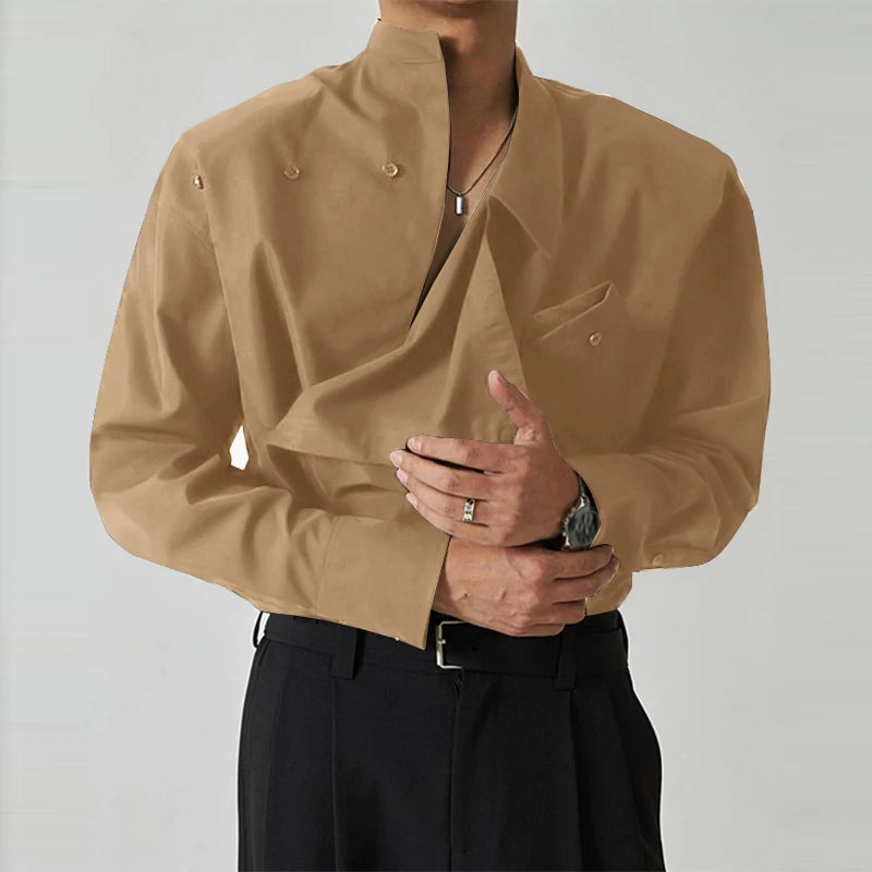 Men's Irregular Shirt Solid Colour Stand Collar Loose Long Sleeve Shirt