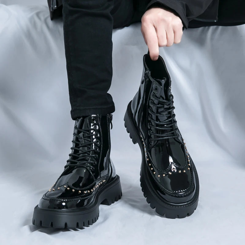 Platform Leather Boots - Men's Motorcycle Style Thick Sole Dress Sneakers