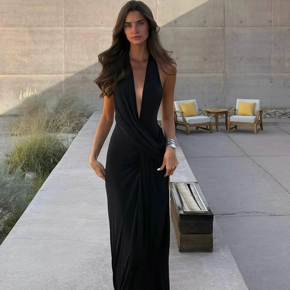 Women's Halter Draped Ruched Maxi Dress - Backless Deep V Neck Gown