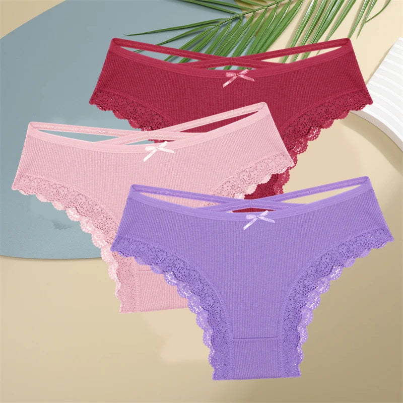 3PCS Women Cotton Underwear Panties Lace Briefs Low-Waist Cross Belt Hollow Out Cozy Lingerie