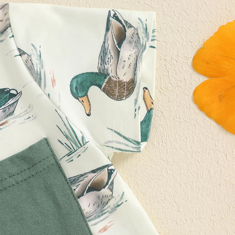 Baby Boys Duck Print Outfit Set - Patchwork T-Shirt with Elastic Waist Shorts