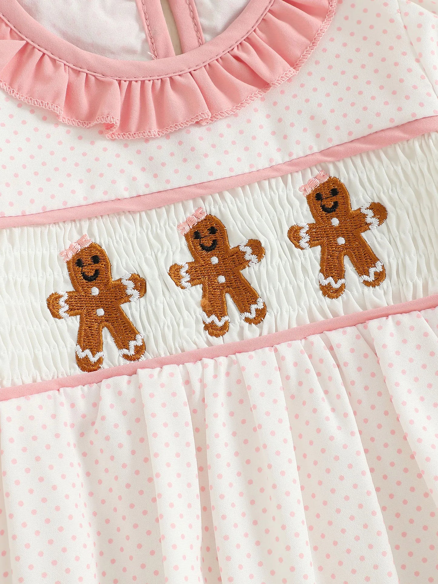 Baby Girls' Christmas Romper - Santa & Gingerbread Embroidery Smocked Long Sleeve Jumpsuit