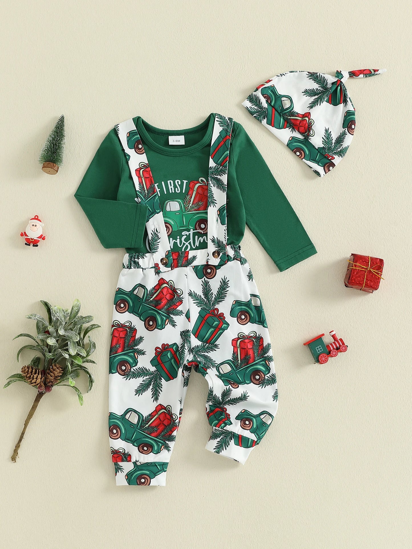 Christmas Baby Boys 3-Piece Outfit Set - Printed Romper, Overalls & Hat (0-18M)