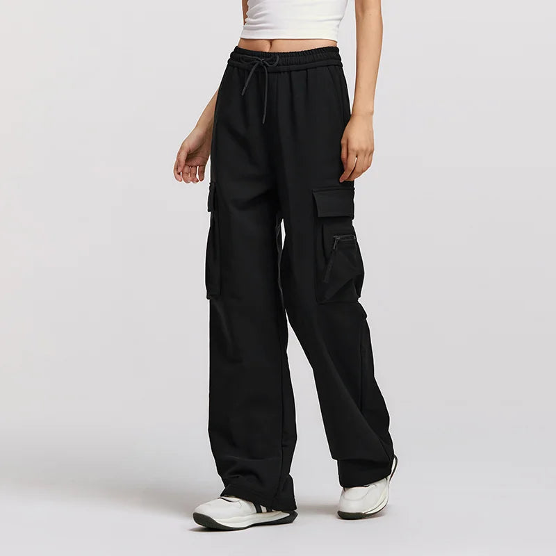 Winter Women's Fleece Wide Leg Pants - Black Cargo Streetwear Casual