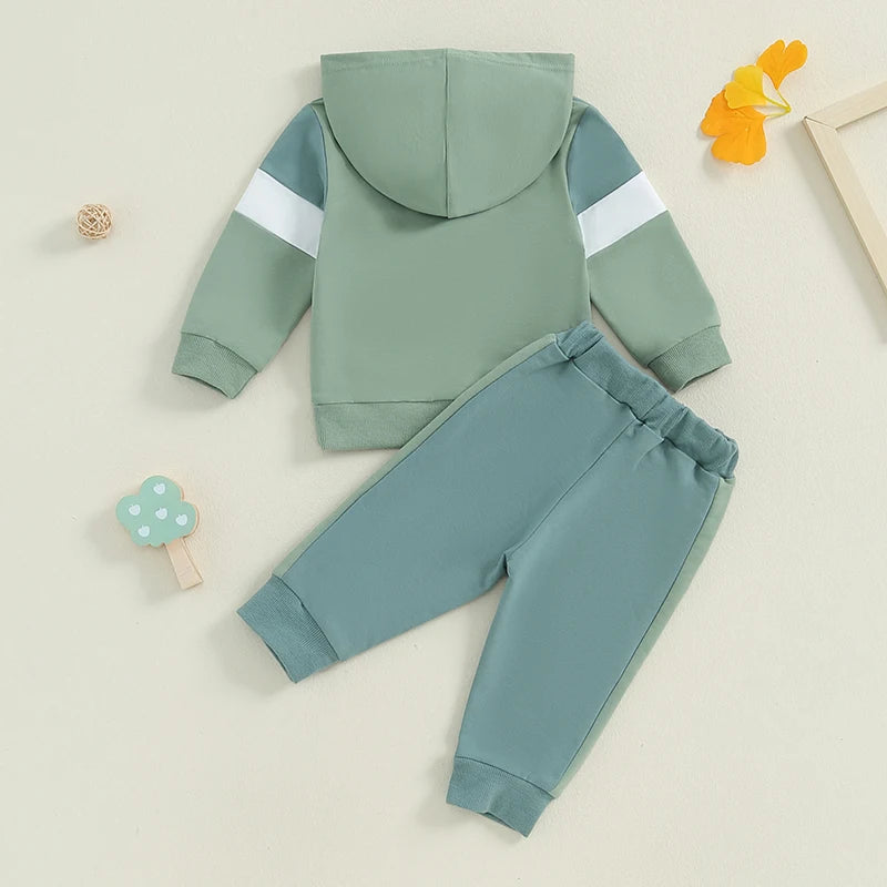 0-4Y Toddler Kids Boys Girls Fall Clothes Set Color Patchwork Long Sleeve Hooded Sweatshirt and Elastic Waist Pants
