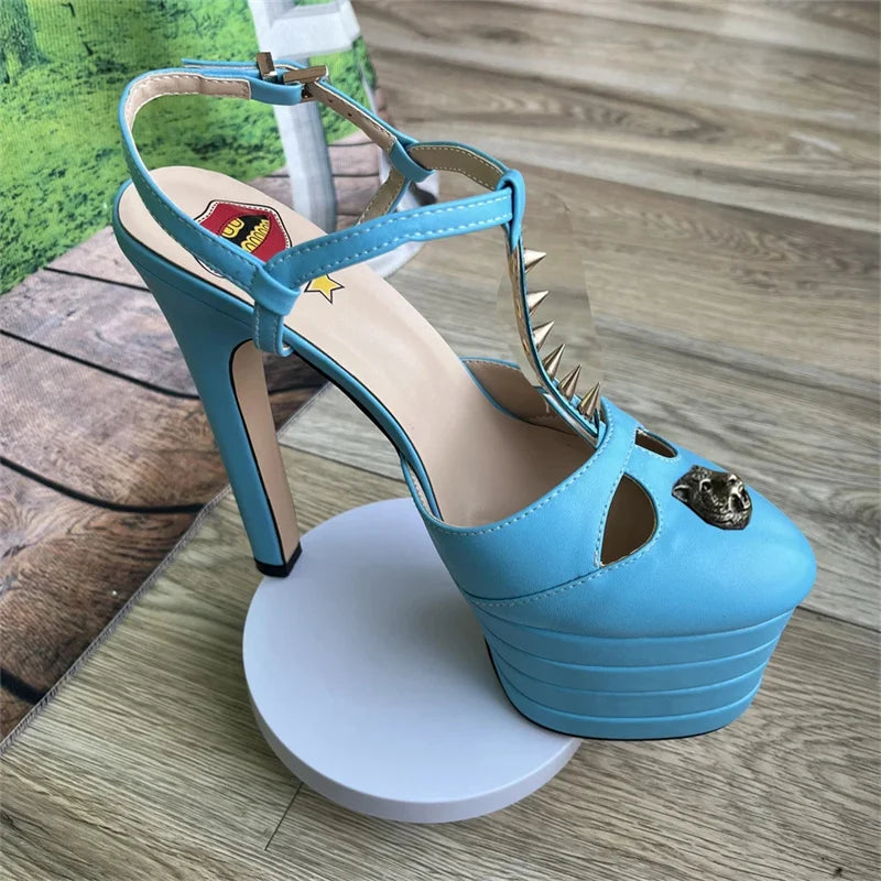 Women's Leather Platform Sandals - Wedge Heel Rivet T-Strap Sandals