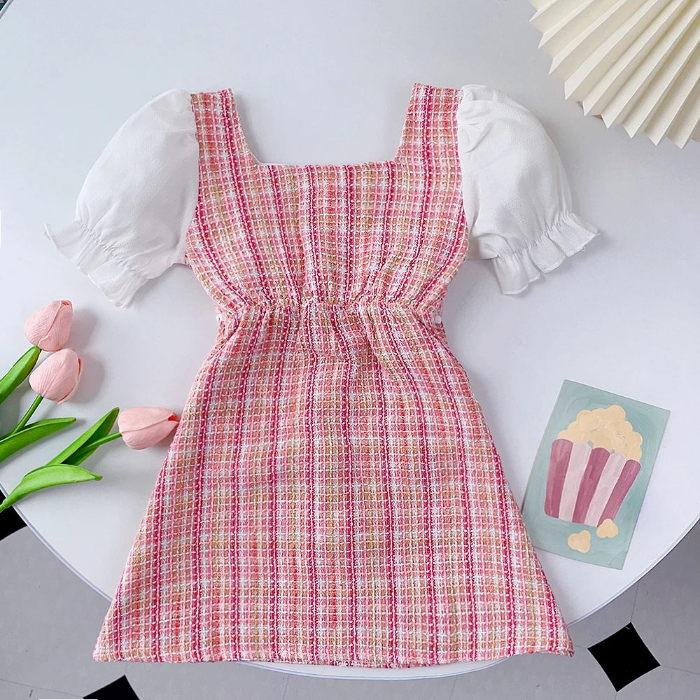 Girl's Bubble Sleeve Plaid Retro Button Lace Dress