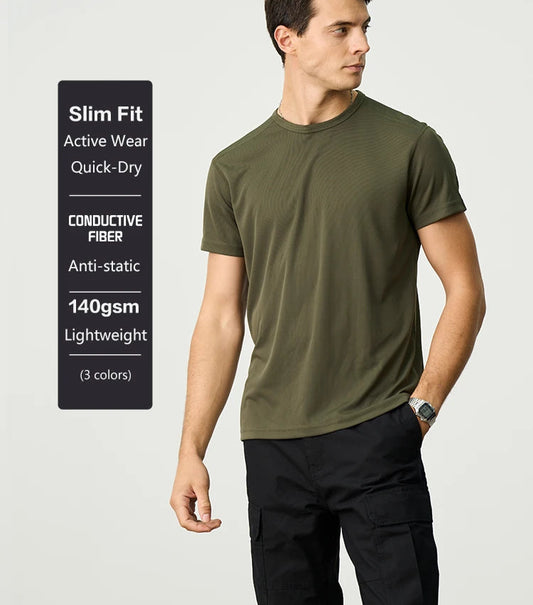 Men's Summer Slim Fit Active Quick Lightweight 140gsm Anti Static Conductive Fabric Athletic Gym T-Shirt