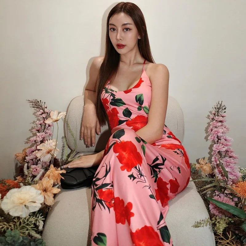 Women's Backless Floral Print Slip Maxi Sleeveless Long Dress Robe Elegant Outfit