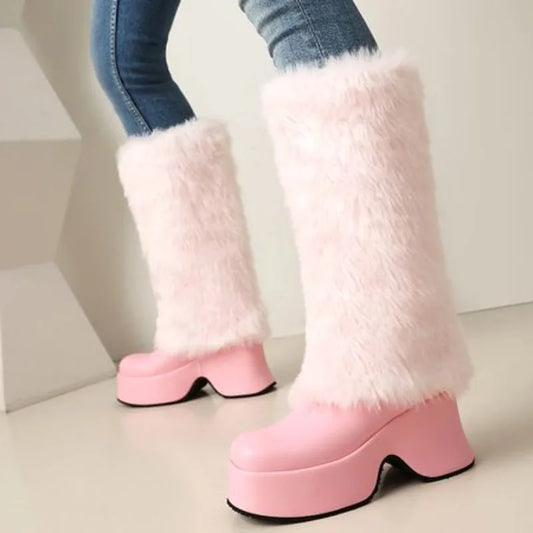 Women's Plush-Lined Microfiber Knee-High Platform Boots | Square Heel | 3 Colours | EU 35–43