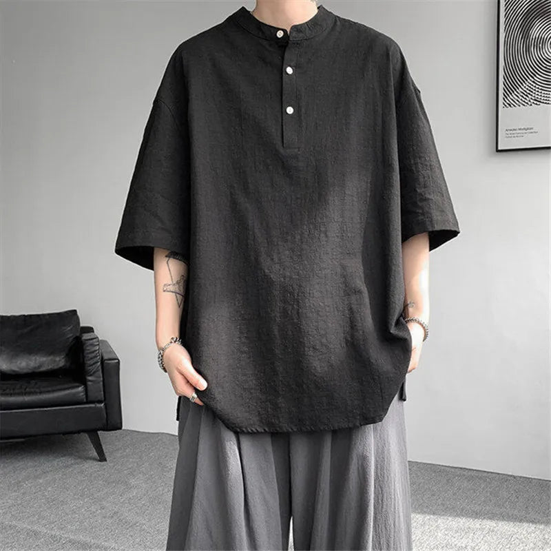 Men's Summer Henry Collar Cotton Linen  Loose Breathable Casual Short Sleeve Shirt