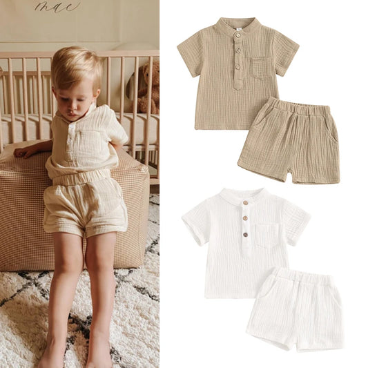 Little Boys Summer Gentleman Outfit Set - Solid Short Sleeve Top & Elastic Waist Shorts (0-4Y)