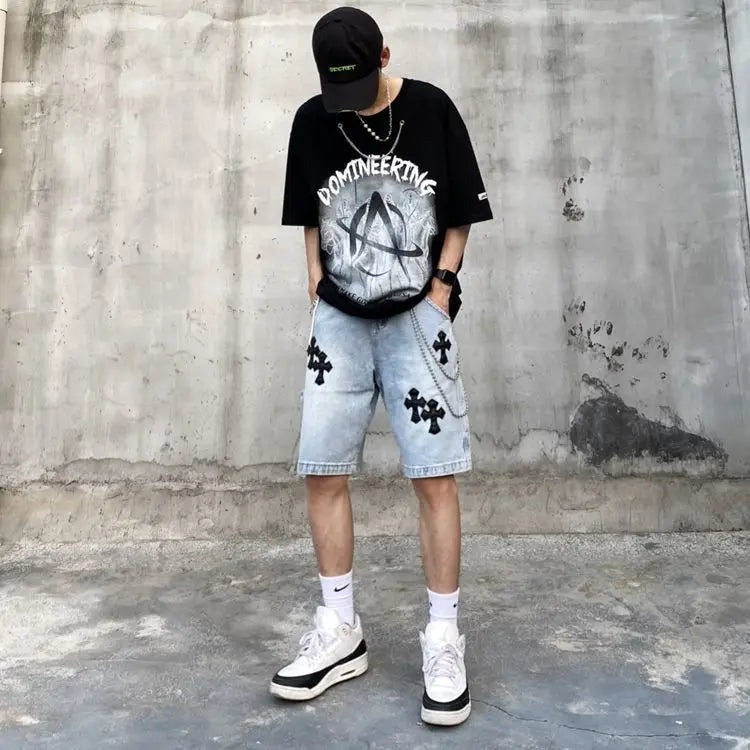 Men's Versatile American Cross Embroidery Washed Denim Shorts