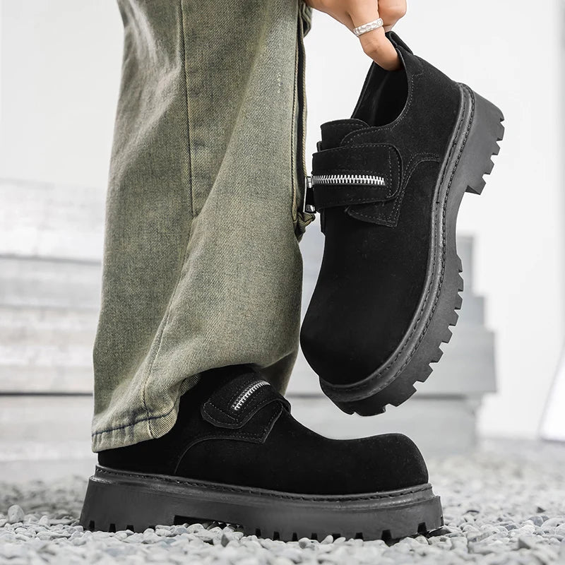 Men's Suede Leather Platform Work Shoes - Zipper Business Sneakers