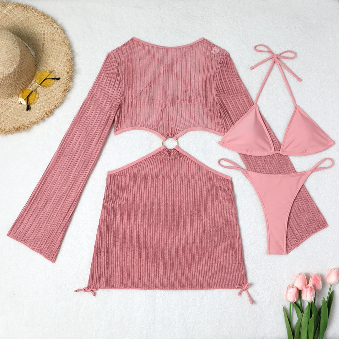 Women's Halter Bikini Set with Long Sleeve Cover-Up | Three-Piece Wire-Free Padded Swimwear