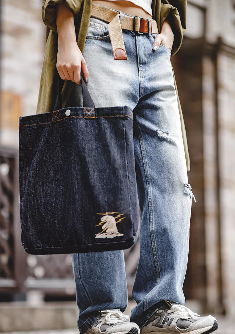 Women's Workwear American Retro Shoulder Crossbody Denim Embroidery Large Capacity Portable Flat Tote Bag