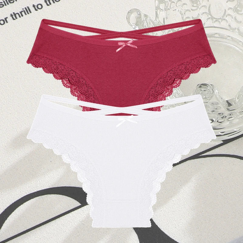 Women's Cotton Panties - 2 Pack Lace Brazilian Briefs Low-Waist
