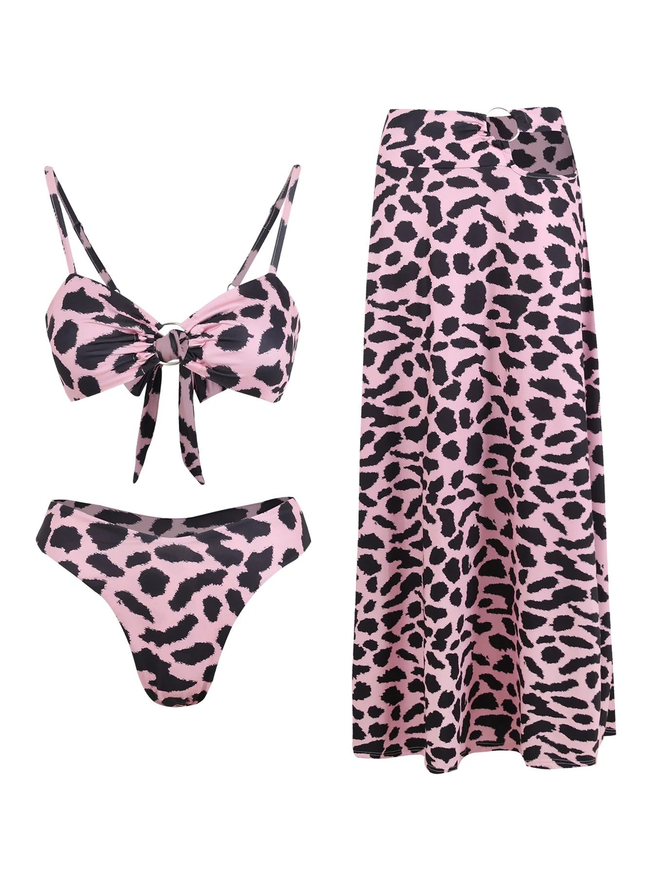 Women's 3-Piece Solid Bikini Set - Padded Bra, Tassel High Waist & Beach Skirt
