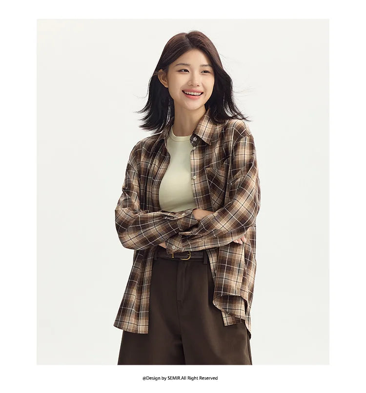 Oversized Drop Shoulder Plaid Shirt Loose Retro Casual Stylish Top