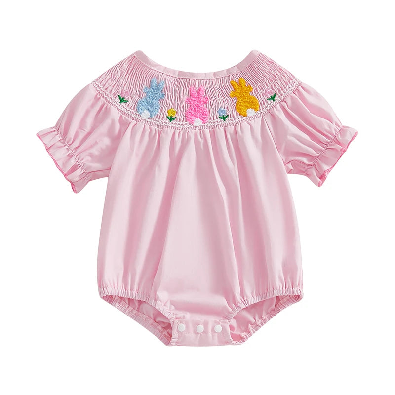 Baby Girls Easter Romper - Ruffled Sleeve Rabbit Embroidery Smocked Jumpsuit