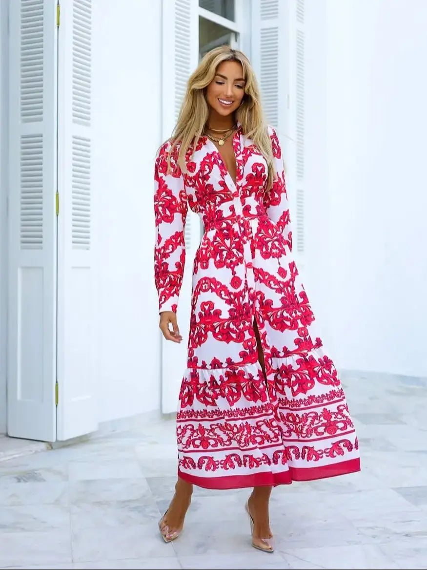 Women's Boho s Long Sleeve V- neck High Waist A-line Long Single Breasted Button Maxi Dress