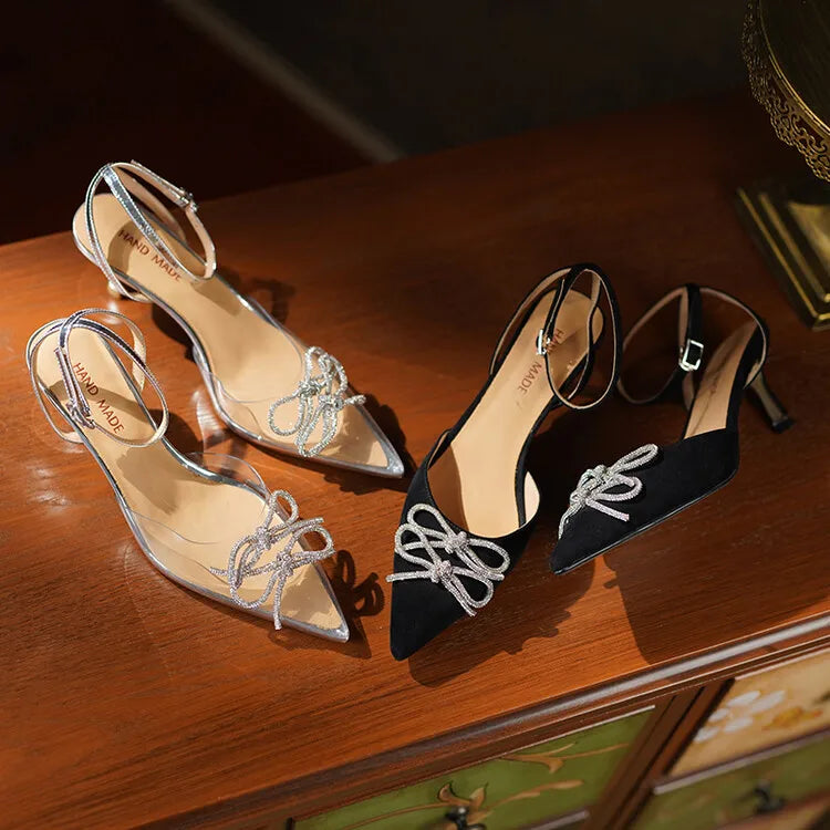 Women's Pointed Toe Rhinestone Wedding Sandals - Bowknot Pendant Pumps