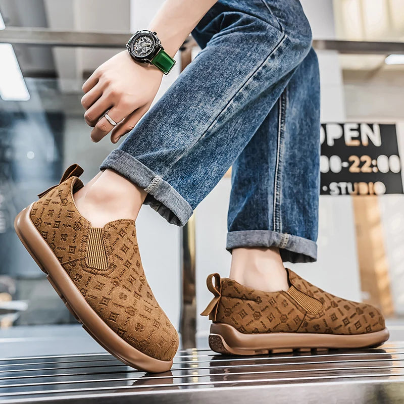 Men's Print Loafers Slip-on Suede Leather Flat Shoes