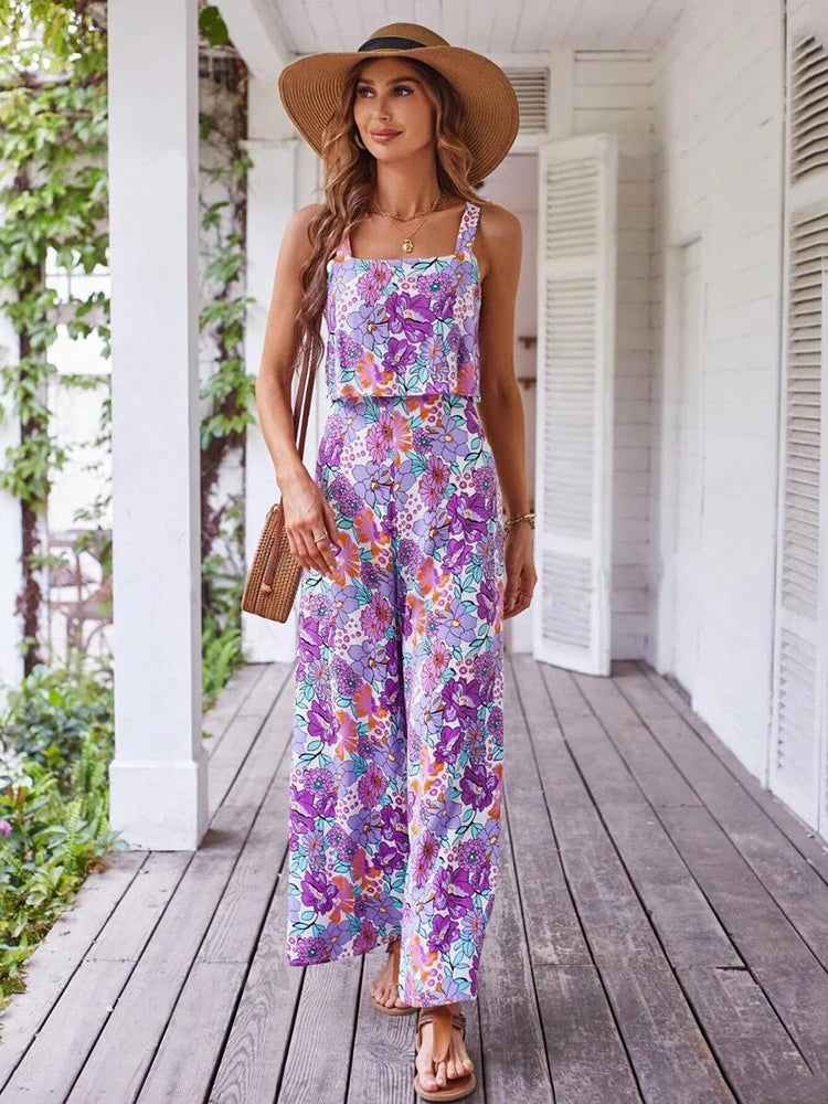 Women Elegant Long Jumpsuit - Backless Wide Leg Jumpsuits Casual Sleeveless Floral Summer Jumpsuit