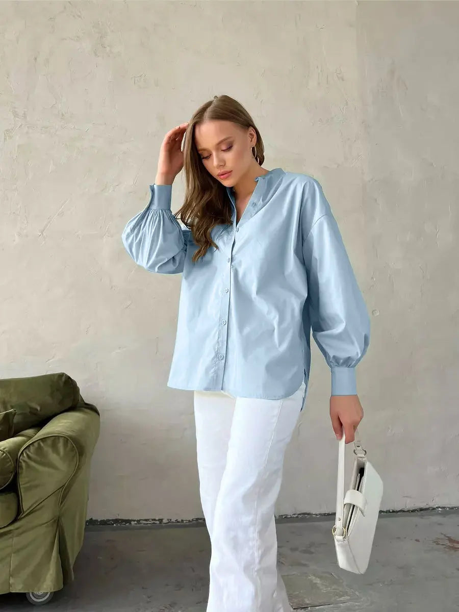 Women's Loose Lantern Sleeve Single-breasted 100% Cotton Blouse