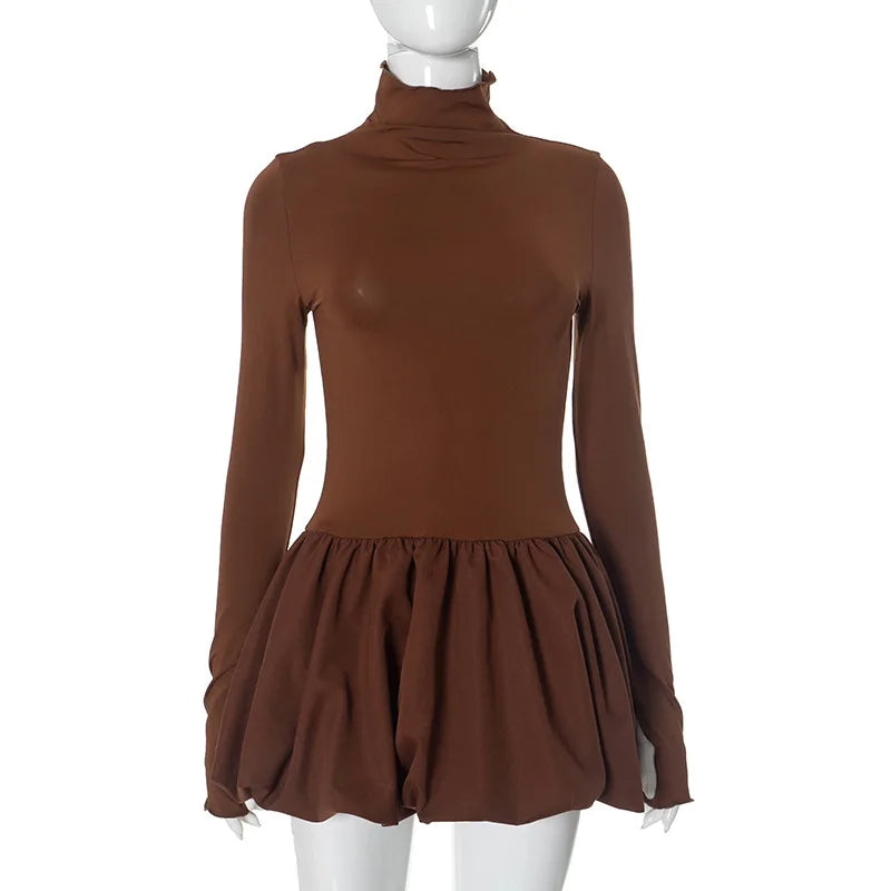 Women's Turtleneck Bud Mini Long Sleeve High Waist A-Line Dress