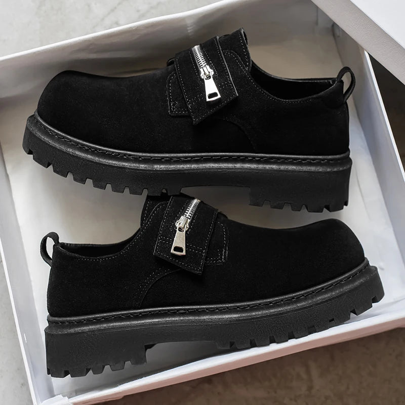 Men's Suede Leather Platform Work Shoes - Zipper Business Sneakers