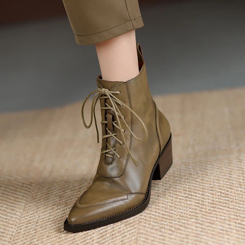 Women's Ankle Lace-up Genuine Leather Thick High Heels  Boots