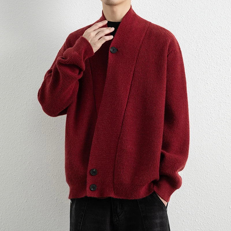 Men's V-Neck Knit Cardigan - Loose Fit Solid Colour Sweatercoat for Spring Autumn