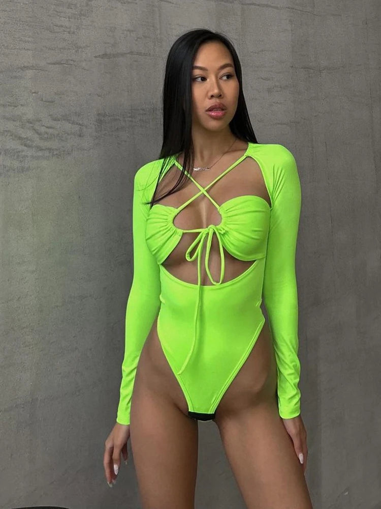 Women's Straps Cut Out Tie Front Top Bodysuit - Women's Long Sleeve Top One Piece High Rise Bodysuit